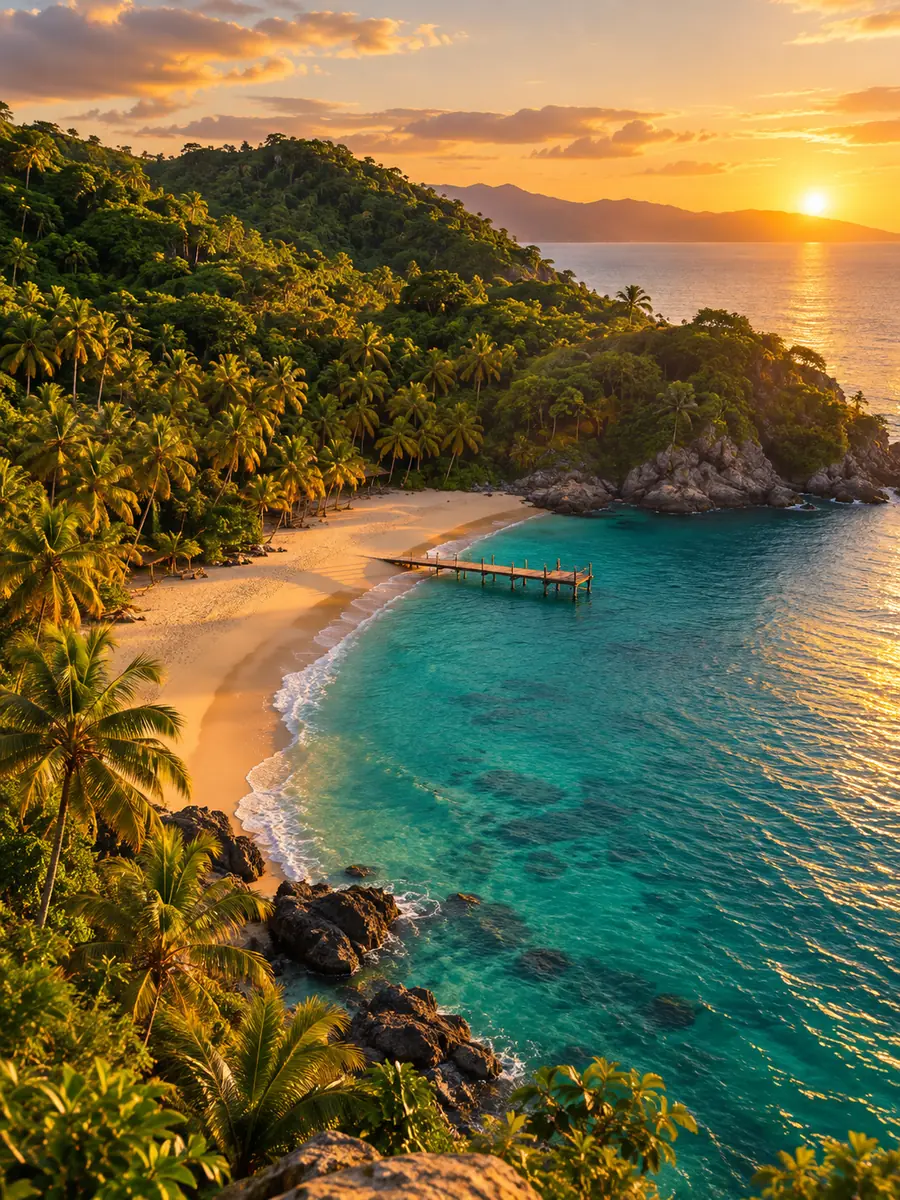 A secluded jungle cove with a golden beach and a small pier at sunset