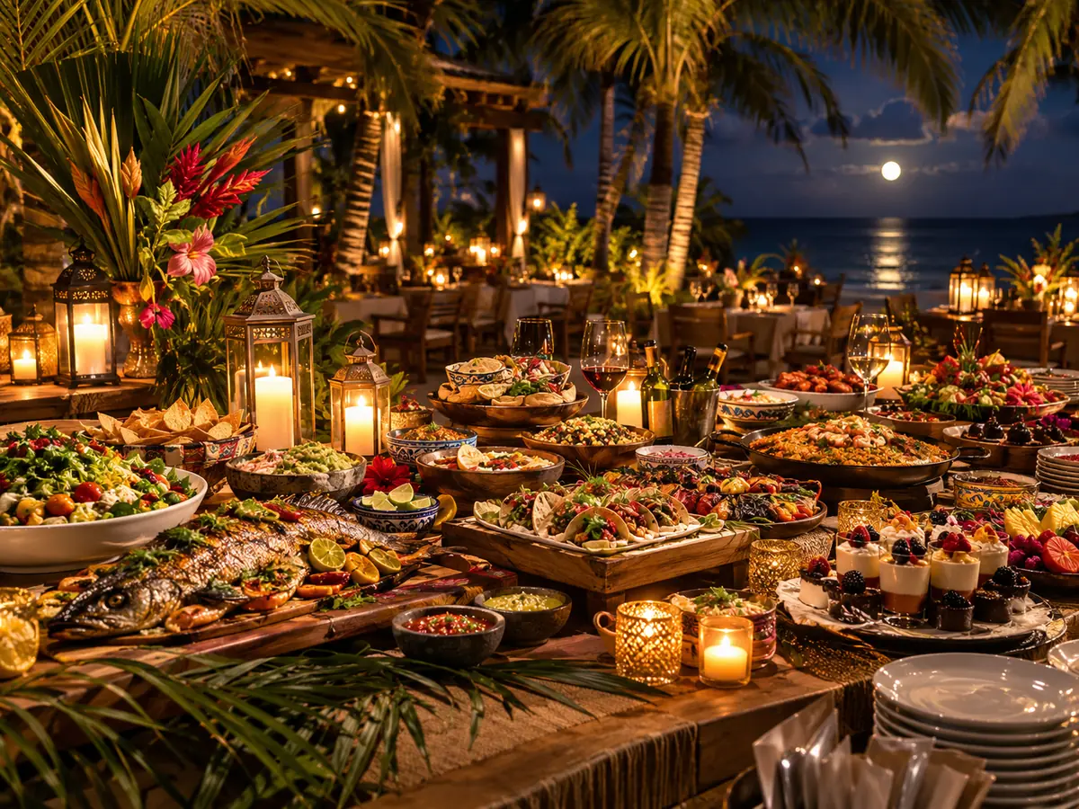 A candlelit buffet with grilled fish, salads and desserts under palm trees at night