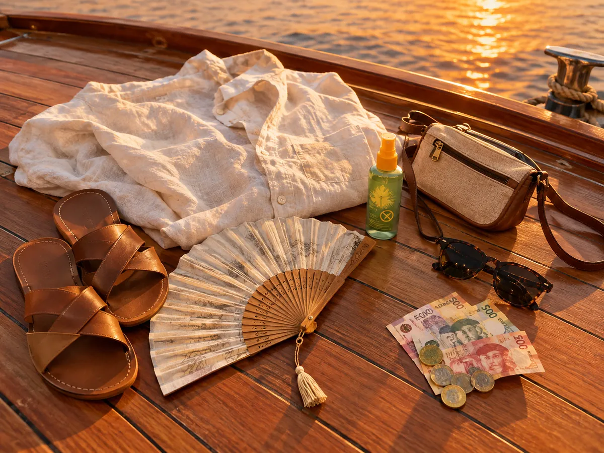 Flat sandals, a linen shirt, a hand fan, insect repellent and pesos on a boat deck