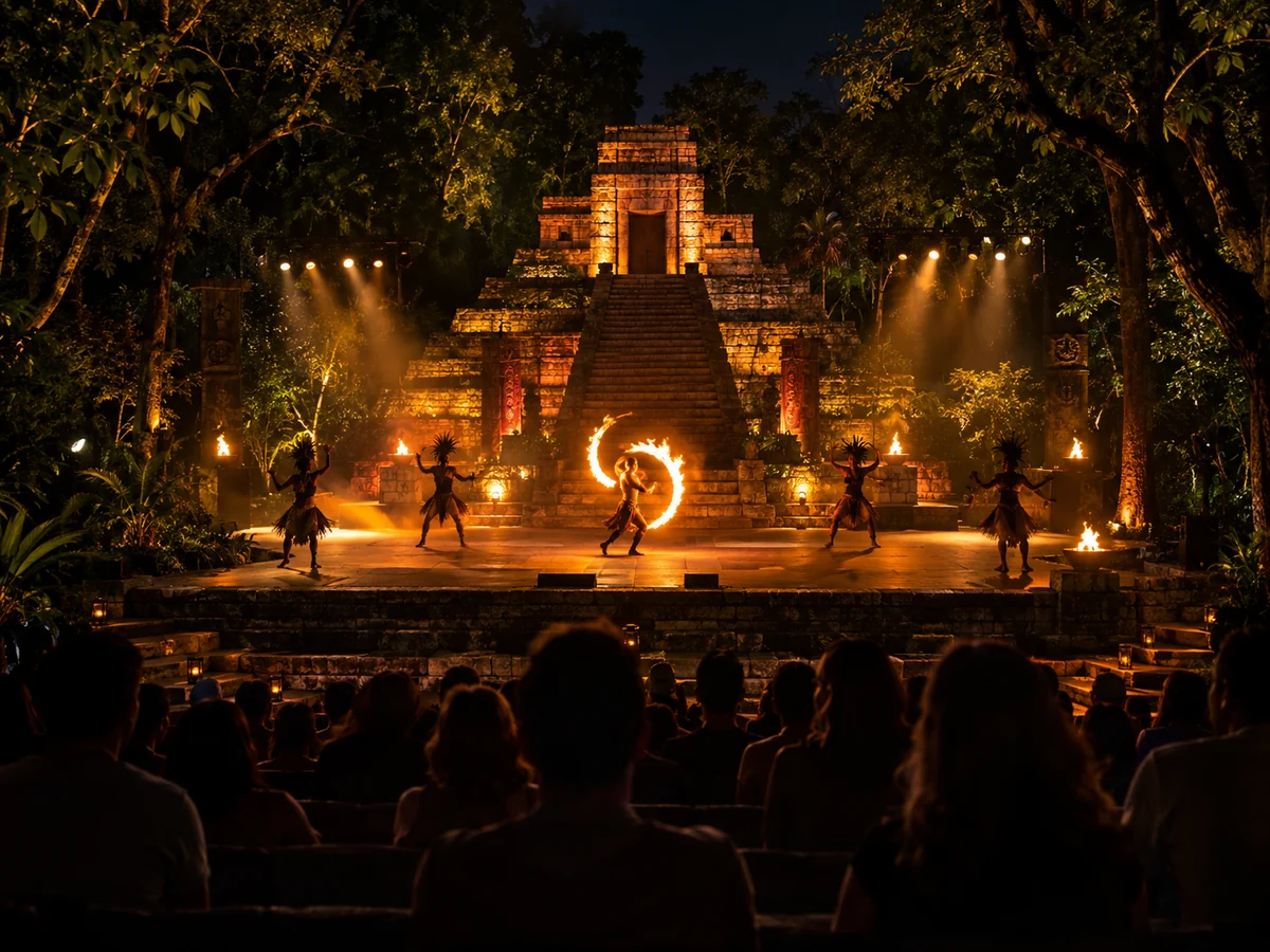 Dancers and a fire performer on a lit stone pyramid stage in the jungle at night
